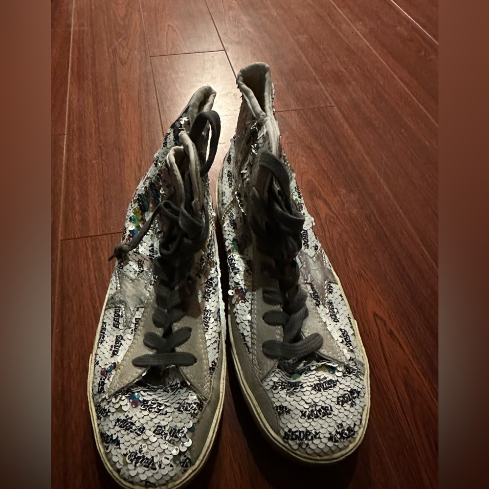 Golden Goose White Silver Sequin High-Top Sneakers